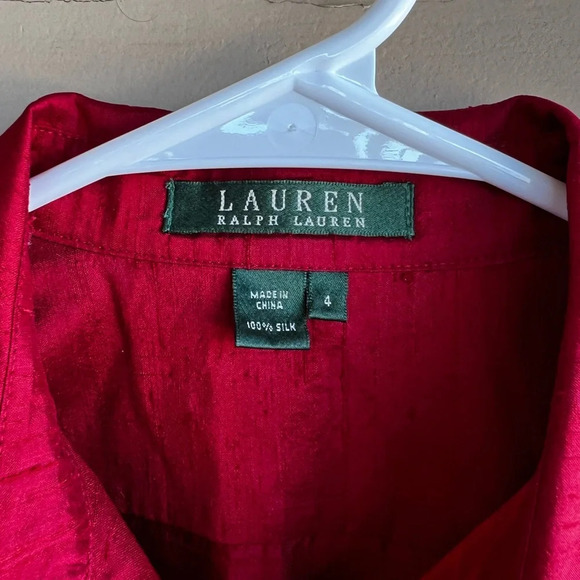 Lauren Ralph Lauren Red Silk Button Down Shirt - Size 4 Holiday Festive Classic - Picture 2 of 5